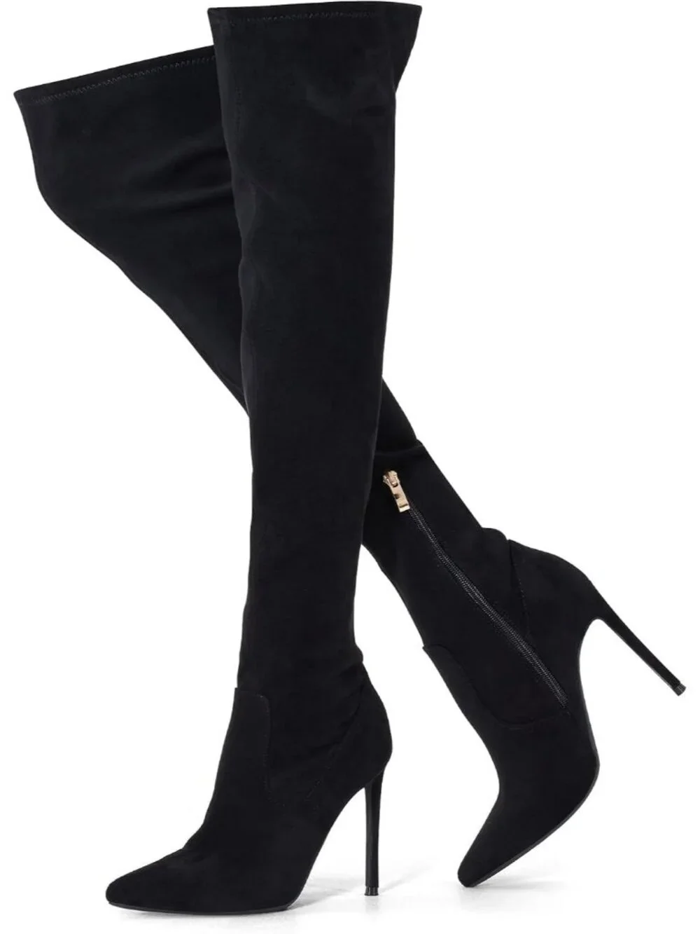 Women's Suede Black Over the Knee Boots Stiletto Pointed Toe Thigh High Heels